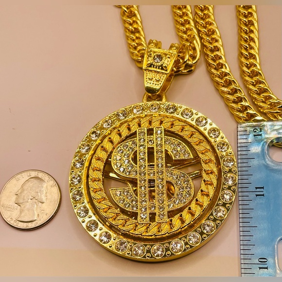 Rhinestone rotatable dollar pendant necklace. 36 inches long. Hip hop. Iced out. - Picture 6 of 7